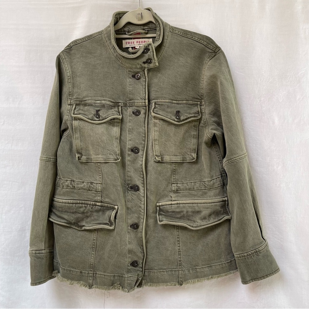 Free People Harley Military Denim Jean Jacket Women‎ Medium Green Boho Travel